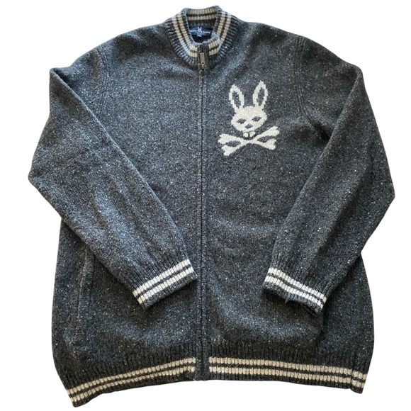 Psycho Bunny Gray Zip-Up Sweater Bampton Donegal Alpaca Merino Wool XXL